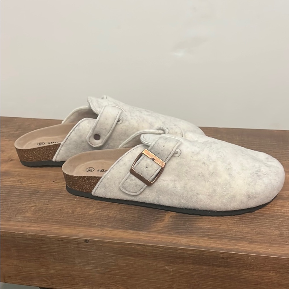 Gray Suede Slip-On Clogs with Buckle